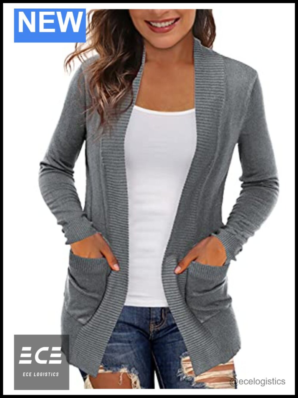 Open Front Cardigan Sweater with Pockets Viscose Nylon Knit